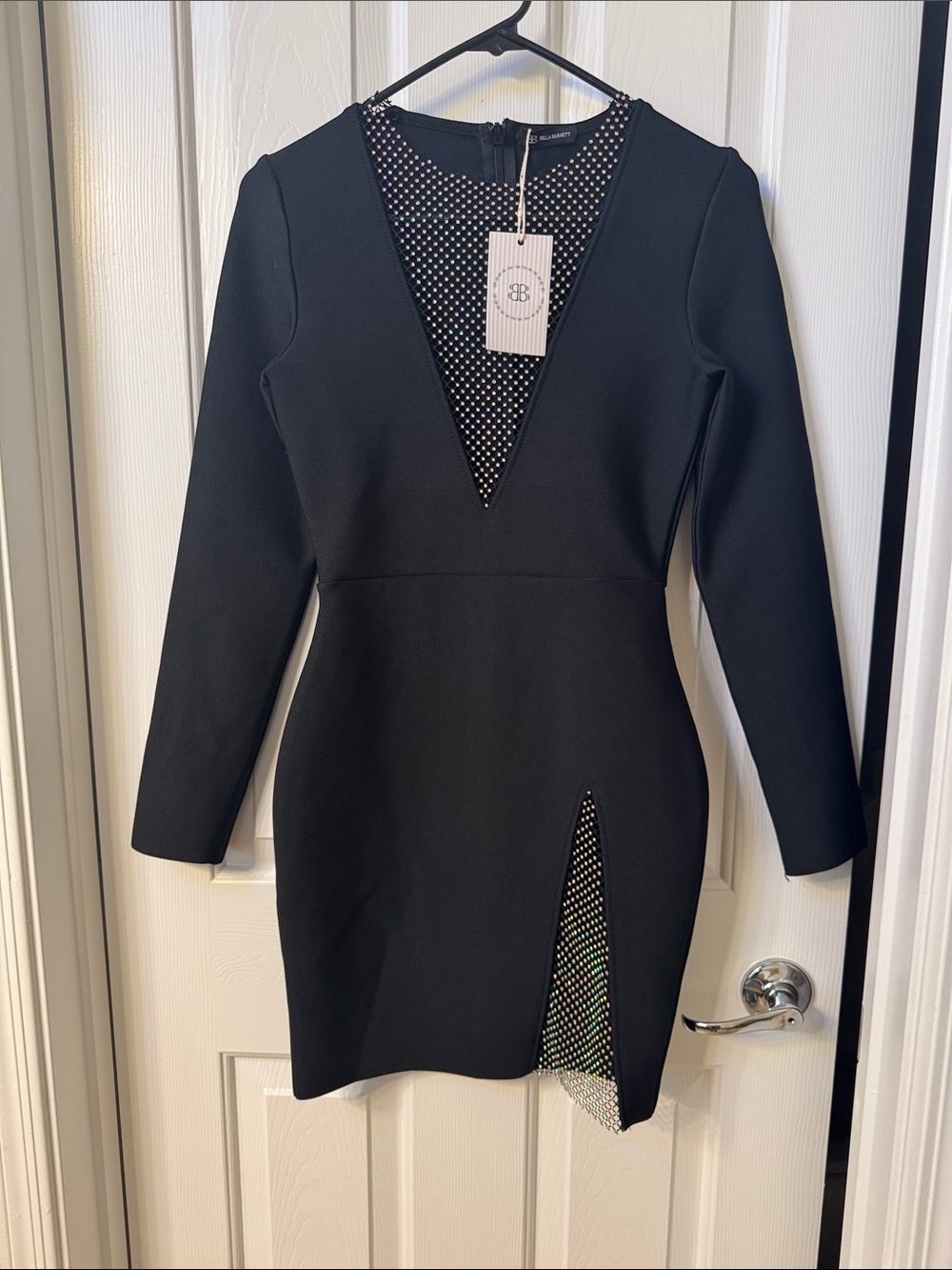Black Long-Sleeve V-Neck Dress with Polka Dot Lining